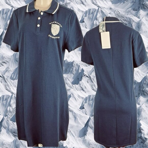 Harry Potter +5 Navy Hogwart Quidich Button Collar Neck Short Sleeve Shirt Dress - Picture 1 of 6